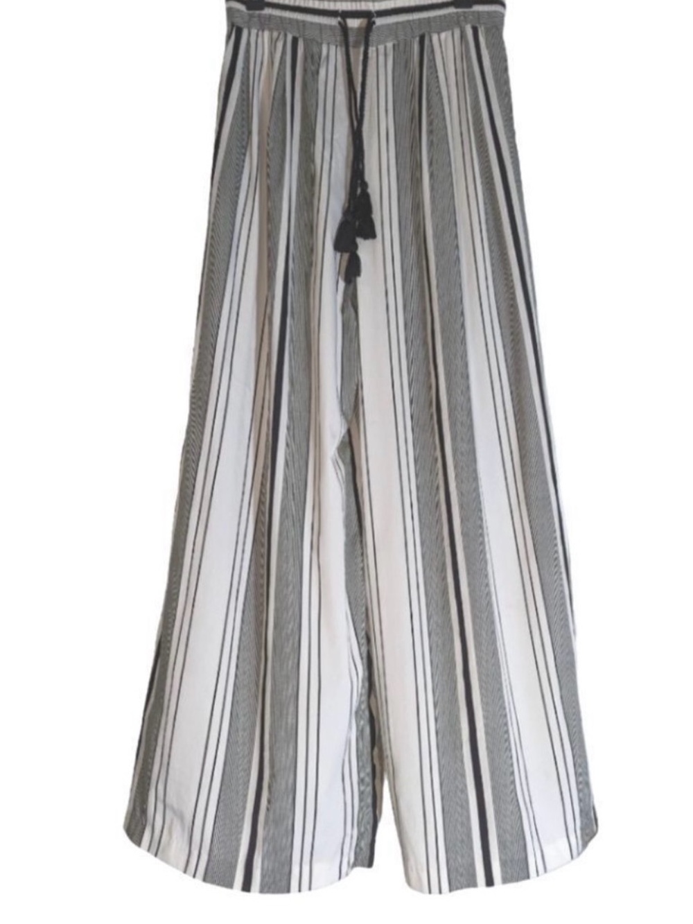 Striped Black & White Wide Leg Pants with Tassel Drawstring